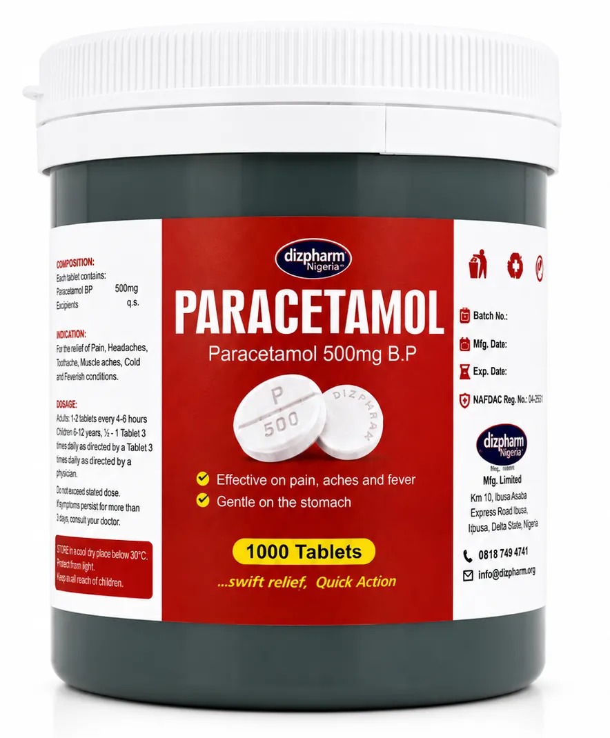 Dizpharm Paracetamol Paracetamol BP 500mg Tablets — Bulk (1000 Tablets) packaging · NAFDAC certified Dizpharm Nigeria