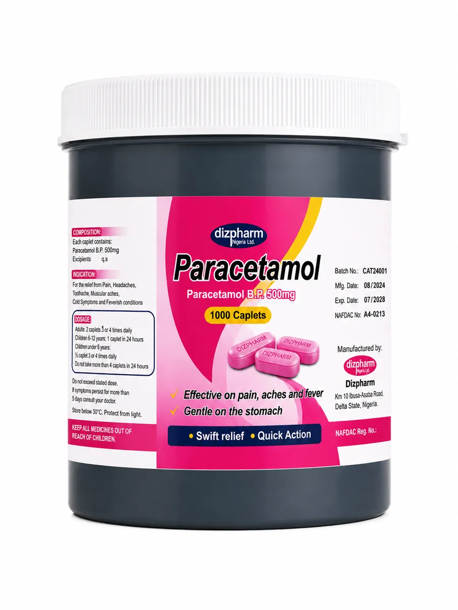 Dizpharm Paracetamol Paracetamol BP 500mg Tablets — Pink caplets – Bulk 1000 packaging · NAFDAC certified Dizpharm Nigeria