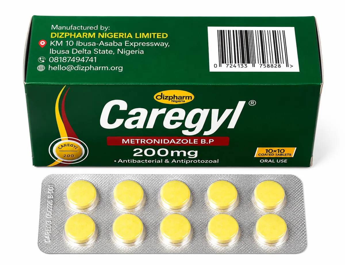 Caregyl Metronidazole BP 200mg Tablets — Yellow Caregyl - Blistered packaging · NAFDAC certified Dizpharm Nigeria