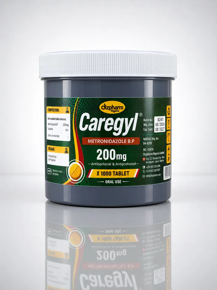 Caregyl Metronidazole BP 200mg Tablets — Yellow Caregyl - Bulk (1000 Tablets) packaging · NAFDAC certified Dizpharm Nigeria