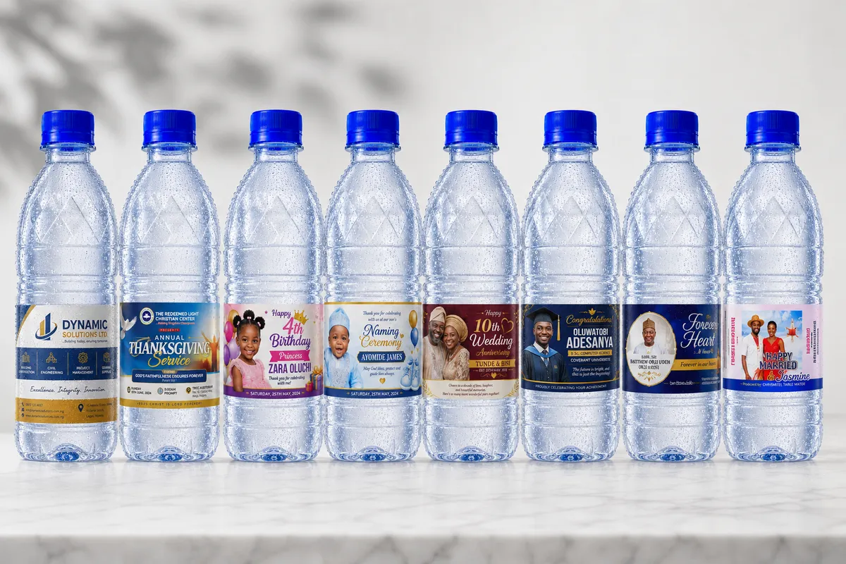 Customised Chrismatel water bottles by Dizpharm Nigeria